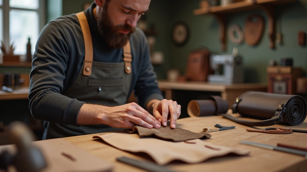 Skilled craftsperson working on bag materials at traditional workbench