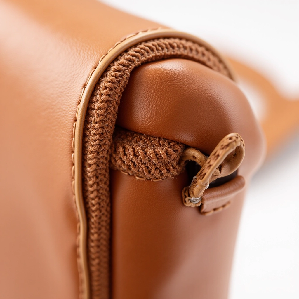 Leather craftsmanship detail showing waxed thread stitching and reinforced seams on messenger bag, macro photography