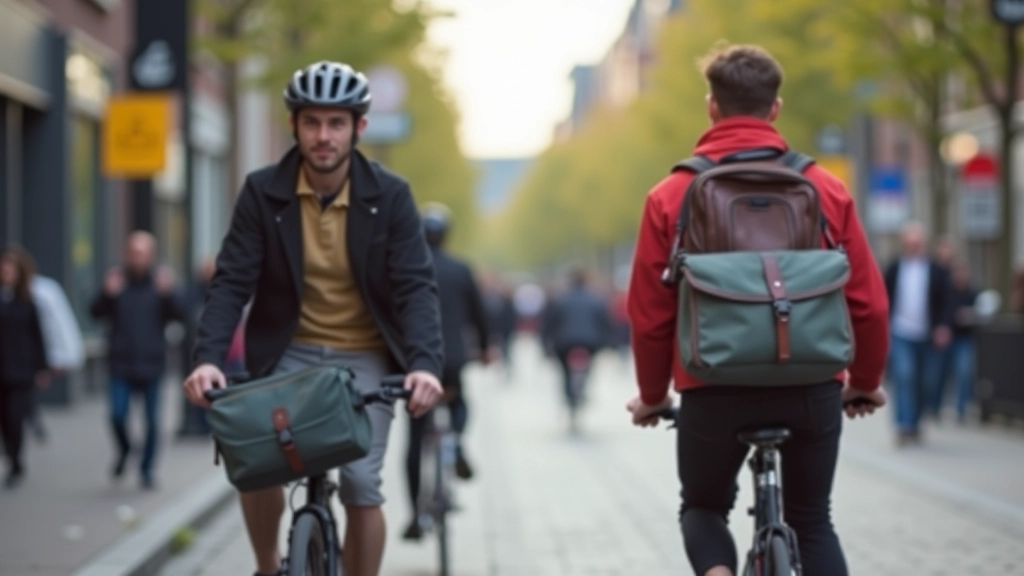 Tilburg commuters on bicycles carrying bags through city streets