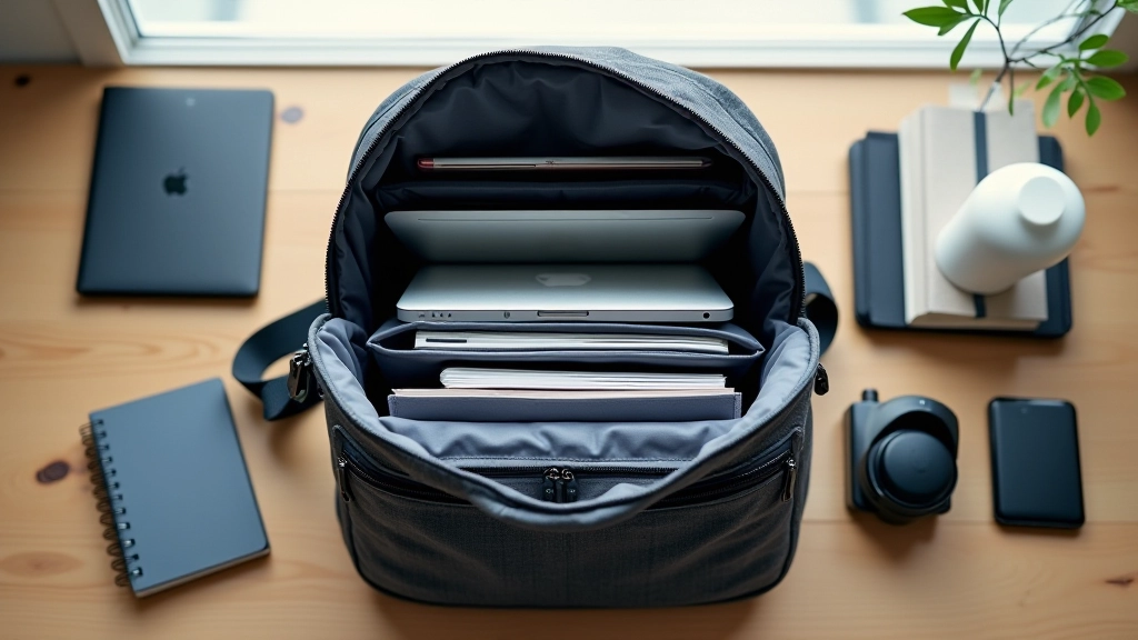 Commuter workspace showing organized bag with visible compartments and laptop sleeve, functionality demonstration