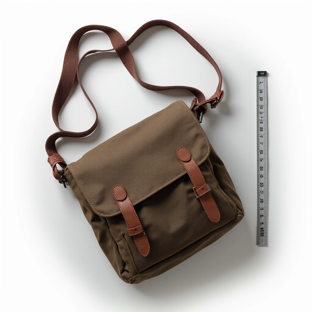 Crossbody commuter bag dimensions and measurements displayed with scale reference, showing compartment layout and pocket positioning