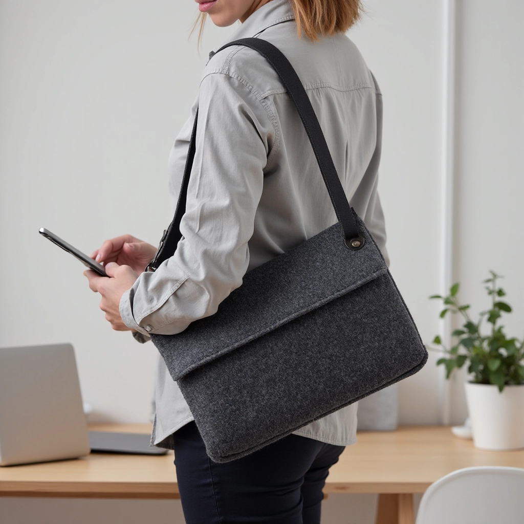 Person using laptop sleeve at desk in professional workspace setting