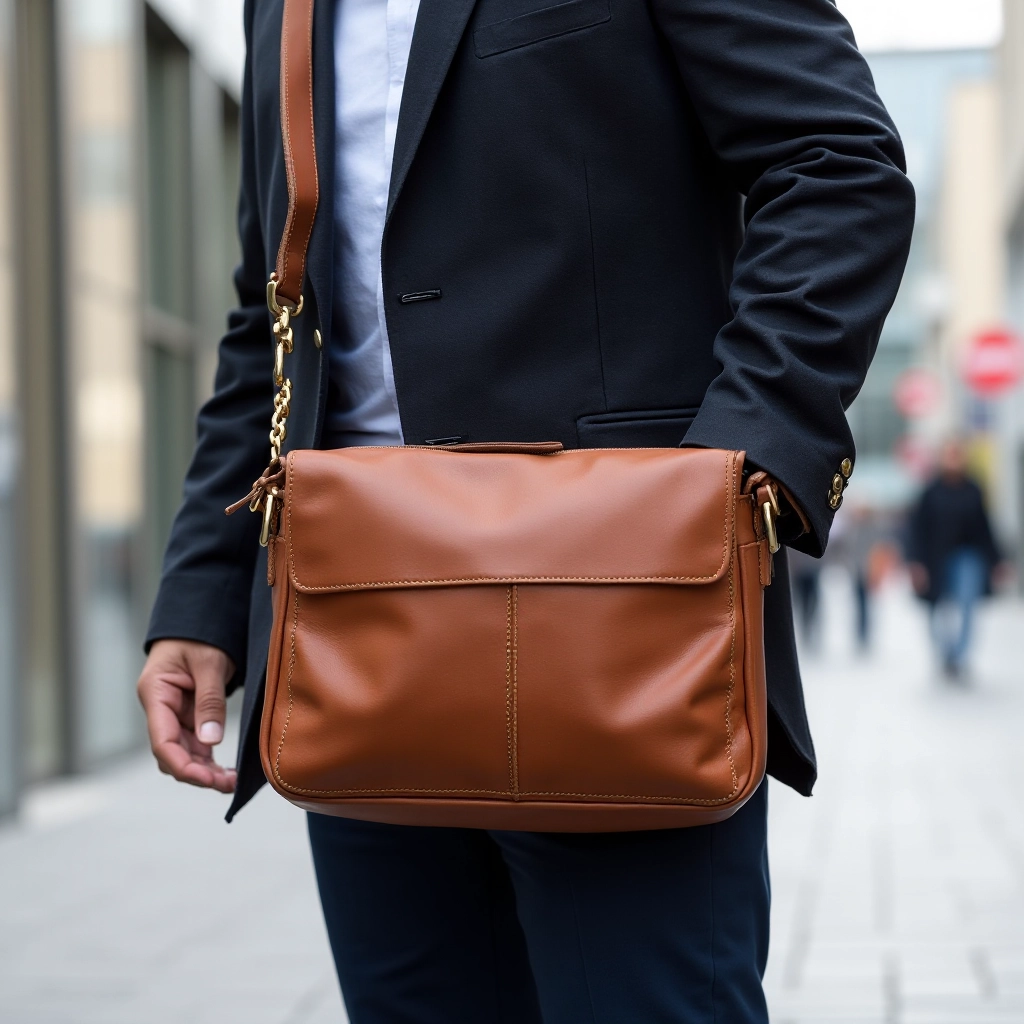 Person carrying tan leather messenger bag over shoulder while walking in urban commute setting, professional lifestyle photography