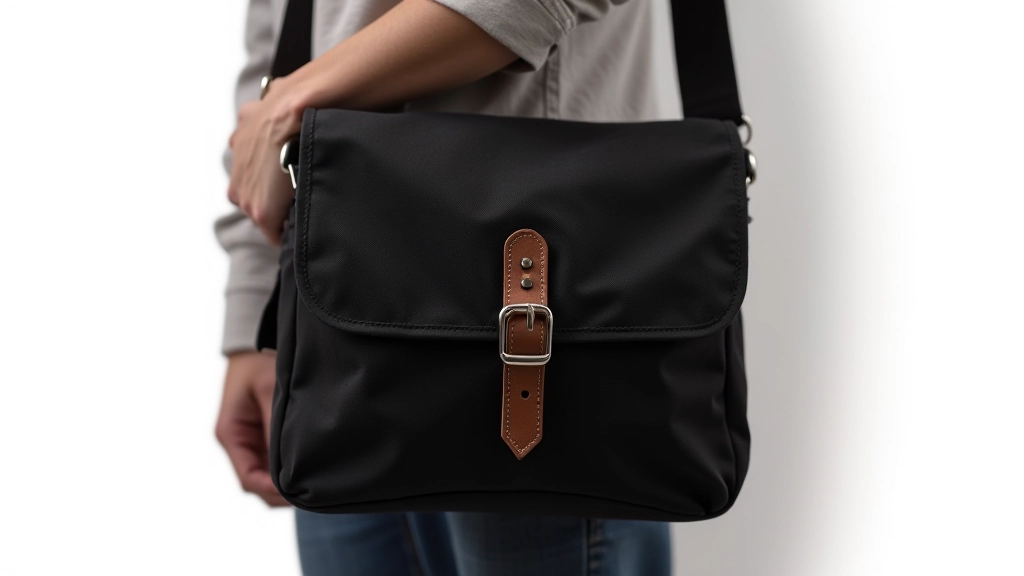 Crossbody commuter bag in black waxed canvas with leather accents, professional product photography