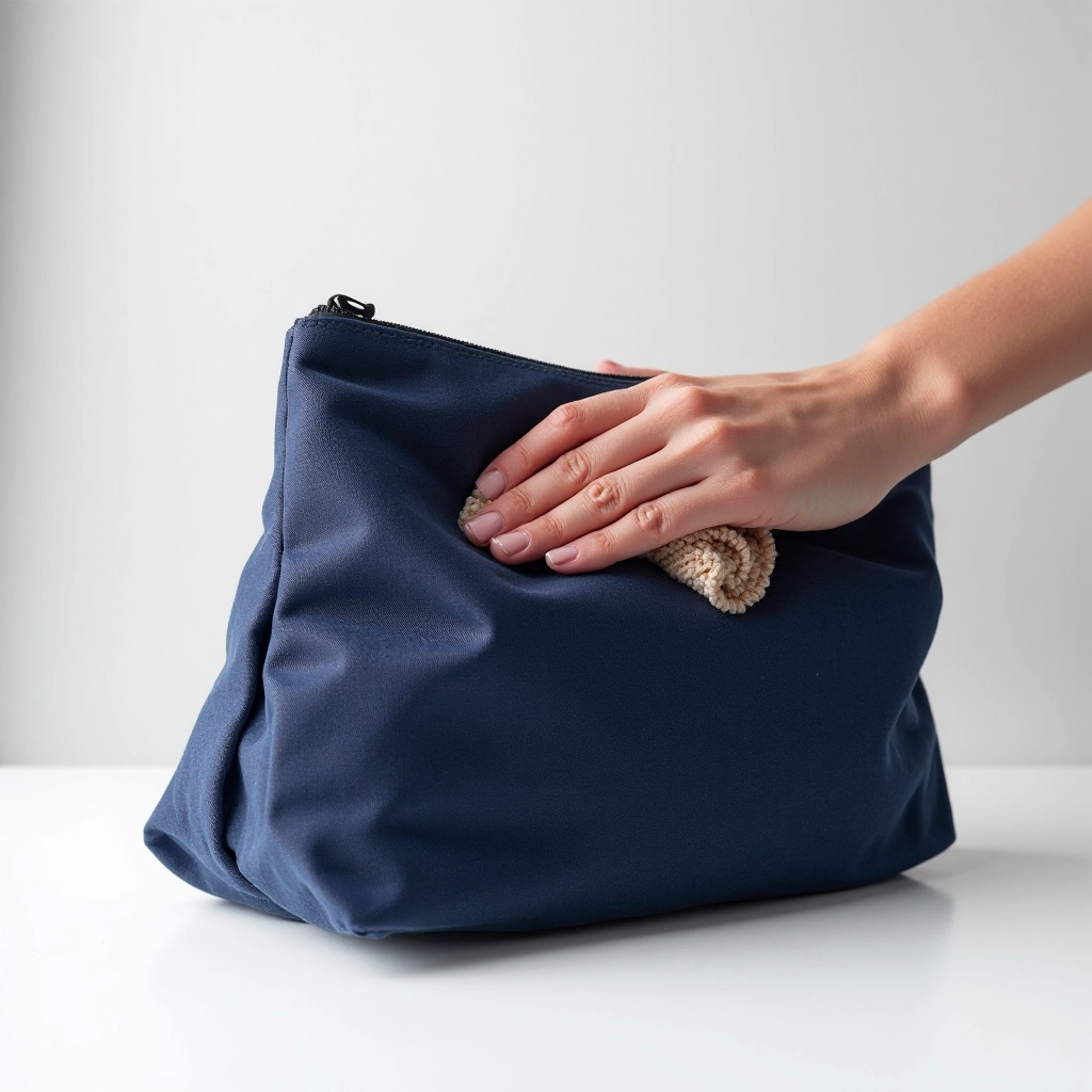 Navy canvas organizer pouch being cleaned with soft cloth, showing proper care maintenance technique