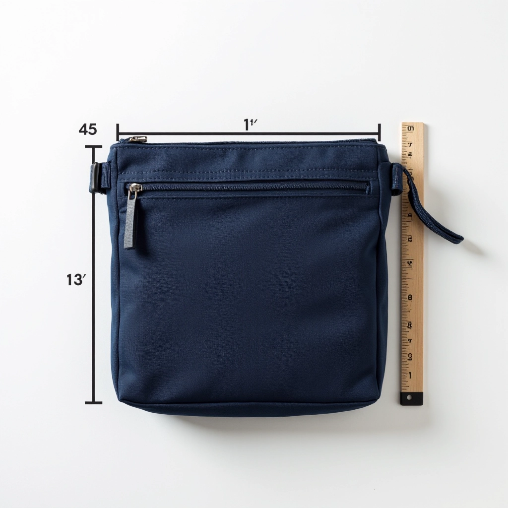 Navy canvas organizer pouch dimensions and measurements displayed with ruler, showing compact 18cm width and 6cm depth