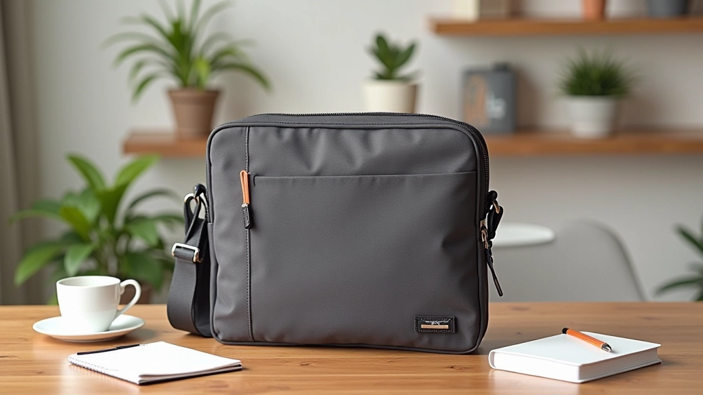 Crossbody bag and laptop sleeve displayed together on workspace