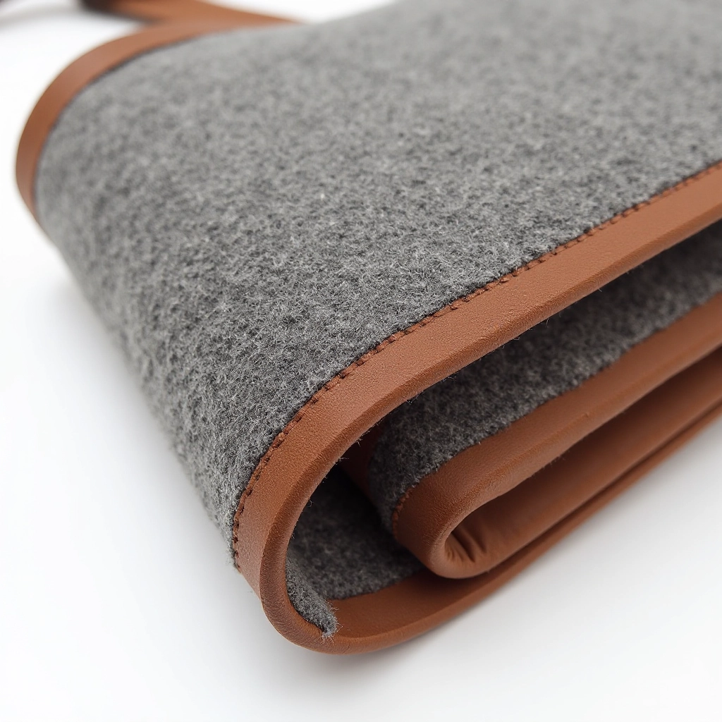 Handmade laptop sleeve showing vegetable-tanned leather trim detail and hand-bound edges