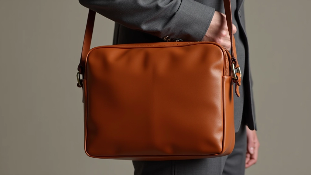 Messenger bag in tan vegetable-tanned leather with patina aging, professional photography
