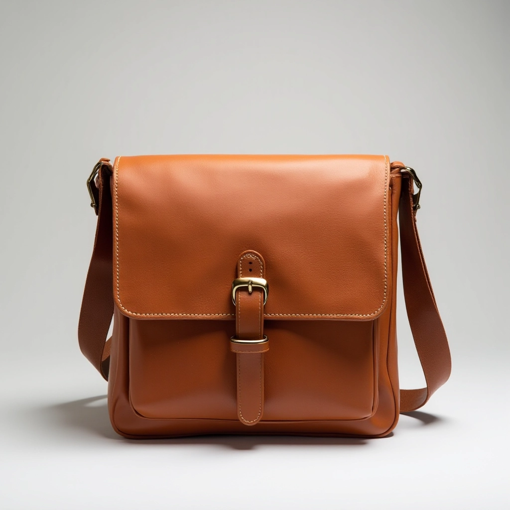 Tan vegetable-tanned leather messenger bag with brass buckle and adjustable strap, professional product photography