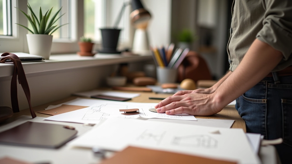 Workspace with design sketches, material samples of canvas and leather, and bag prototypes on a wooden desk
